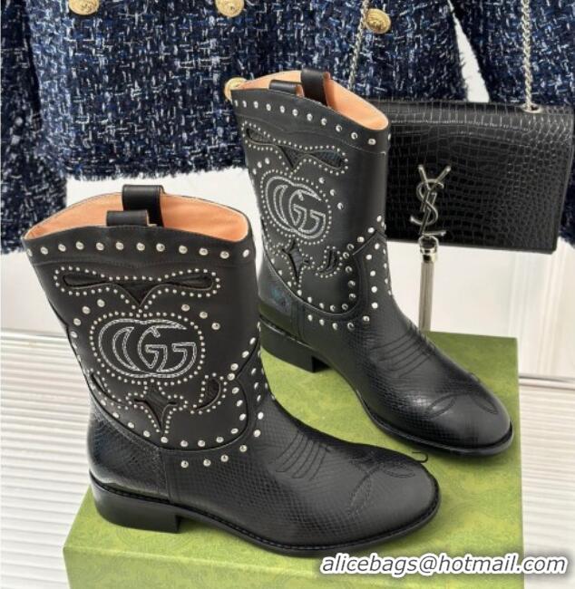 Best Product Gucci Lizard-print Leather Ankle Boots 3cm with Double G and Studs Black 012069