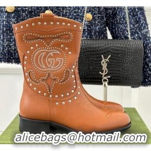 Top Grade Gucci Leather Ankle Boots 3cm with Double G and Studs Brown 012070