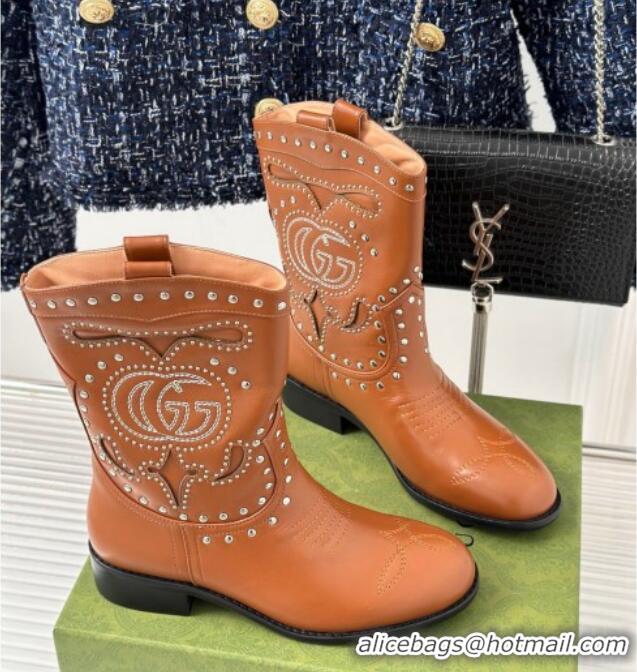 Top Grade Gucci Leather Ankle Boots 3cm with Double G and Studs Brown 012070