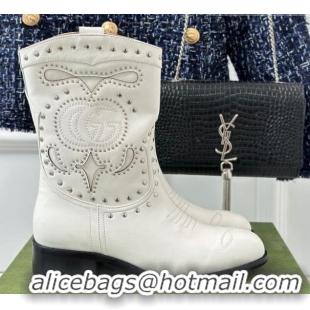 Best Grade Gucci Leather Ankle Boots 3cm with Double G and Studs White 012071