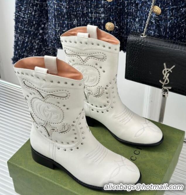 Best Grade Gucci Leather Ankle Boots 3cm with Double G and Studs White 012071