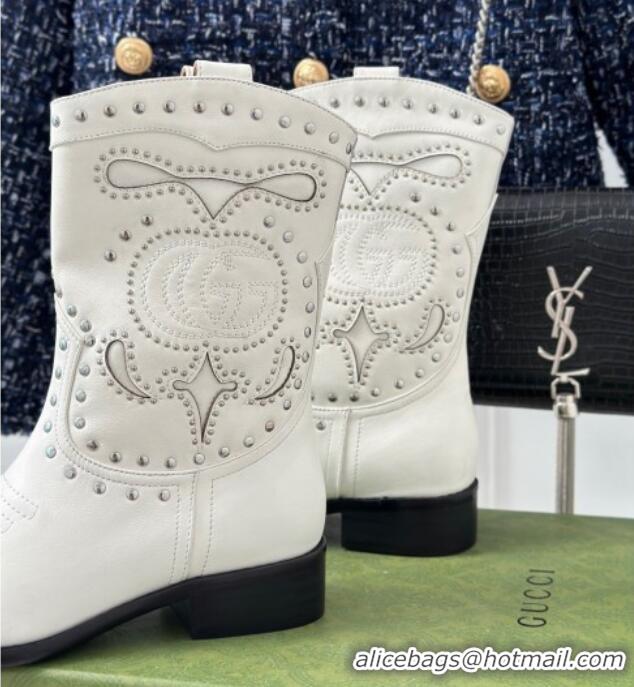 Best Grade Gucci Leather Ankle Boots 3cm with Double G and Studs White 012071