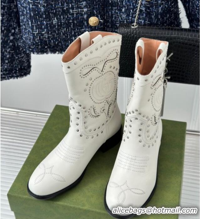 Best Grade Gucci Leather Ankle Boots 3cm with Double G and Studs White 012071