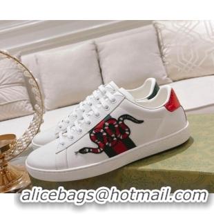 Low Price Gucci Ace Leather Sneakers with Kingsnake White 012075