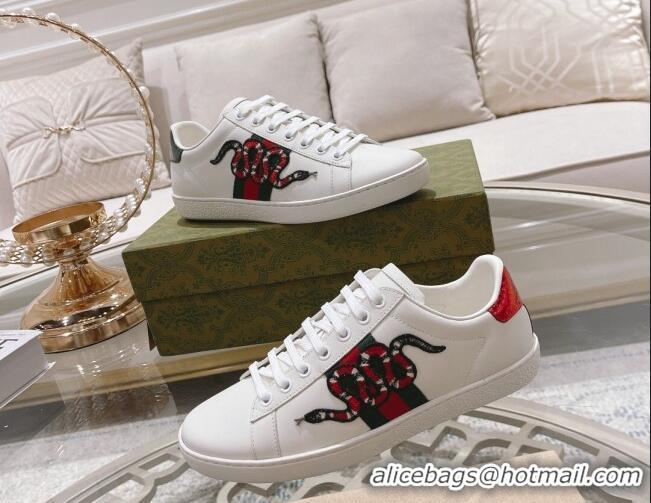 Low Price Gucci Ace Leather Sneakers with Kingsnake White 012075