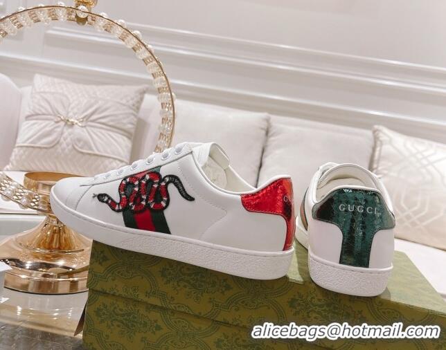 Low Price Gucci Ace Leather Sneakers with Kingsnake White 012075