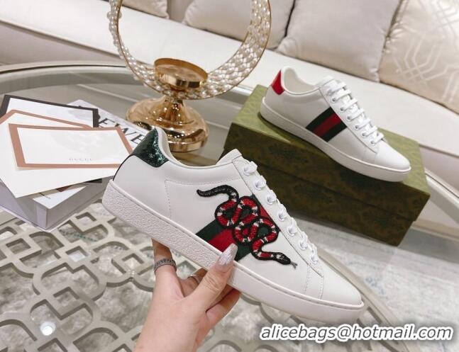 Low Price Gucci Ace Leather Sneakers with Kingsnake White 012075