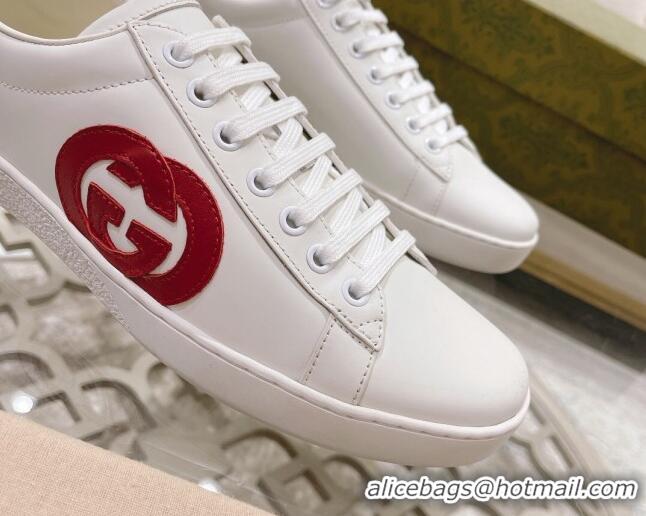 Shop Duplicate Gucci Ace Leather Sneakers with Interlocking G White/Red 012081