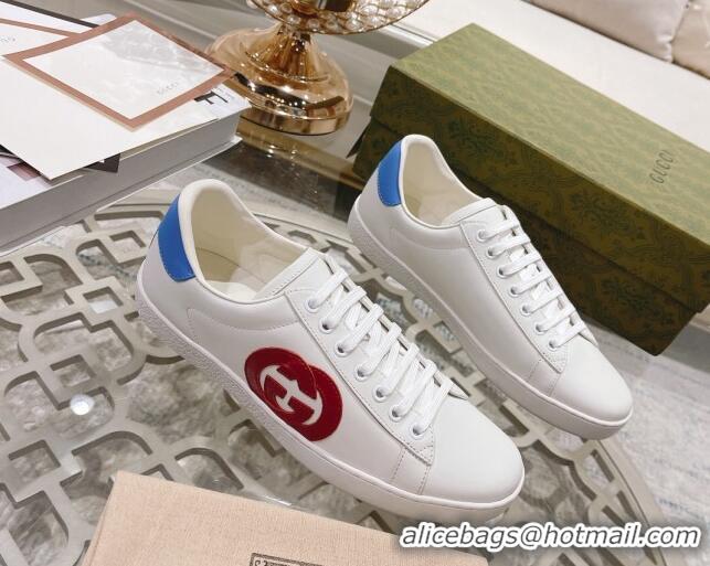 Shop Duplicate Gucci Ace Leather Sneakers with Interlocking G White/Red 012081