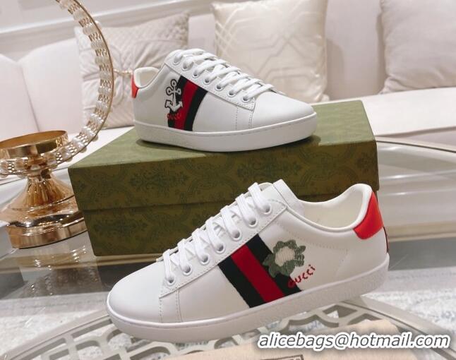 Top Design Gucci Ace Leather Sneakers BLOOM White 012085