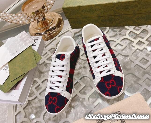 Best Quality Gucci Ace GG Wool Sneakers Navy Blue/Red 012089