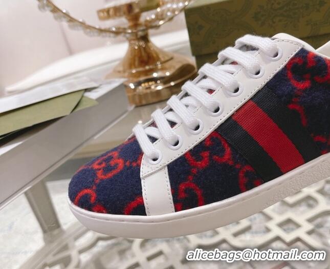 Best Quality Gucci Ace GG Wool Sneakers Navy Blue/Red 012089