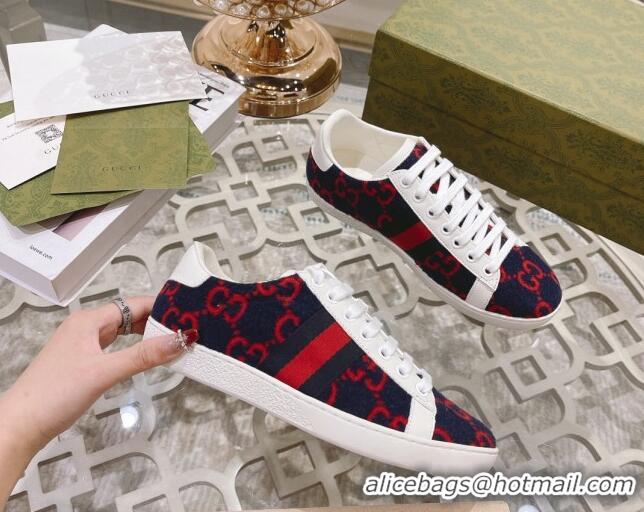 Best Quality Gucci Ace GG Wool Sneakers Navy Blue/Red 012089