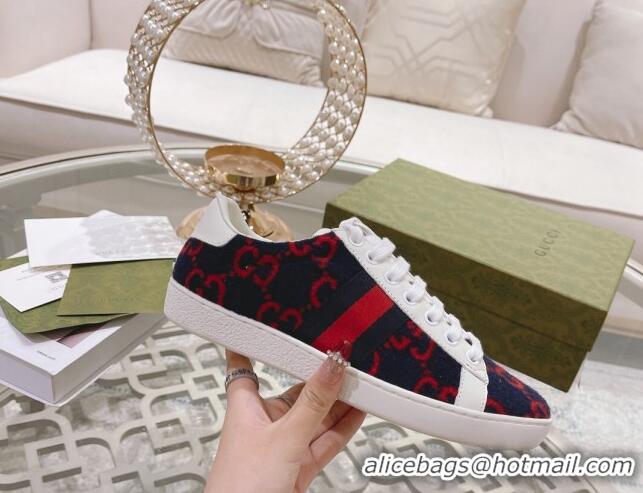 Best Quality Gucci Ace GG Wool Sneakers Navy Blue/Red 012089