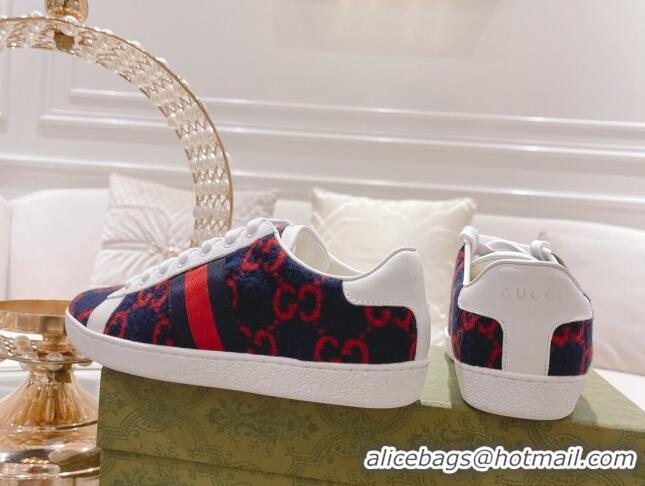 Best Quality Gucci Ace GG Wool Sneakers Navy Blue/Red 012089