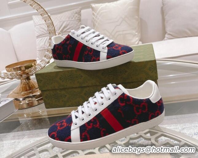 Best Quality Gucci Ace GG Wool Sneakers Navy Blue/Red 012089