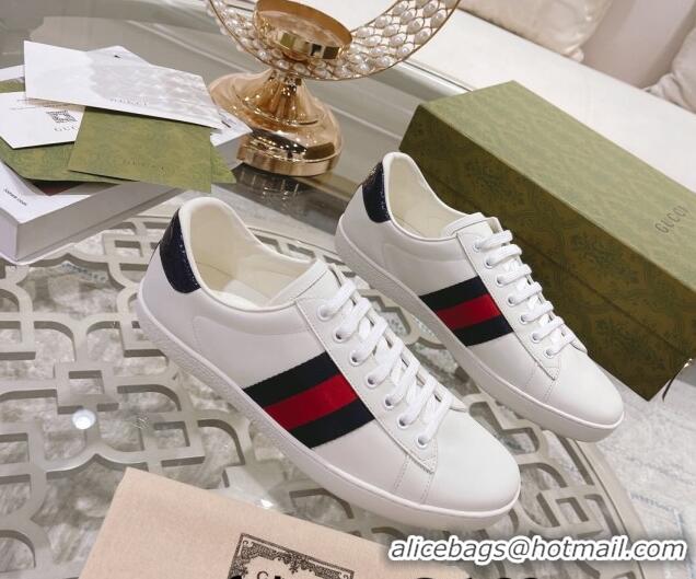 Perfect Gucci Ace Leather Sneakers White/Blue Web 012092