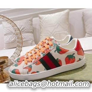 Best Grade Gucci Ace Leather Sneakers Strawberry Print White 012093