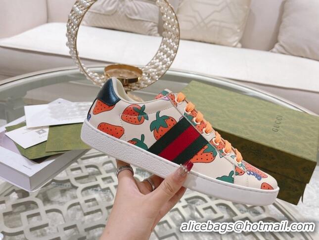 Best Grade Gucci Ace Leather Sneakers Strawberry Print White 012093