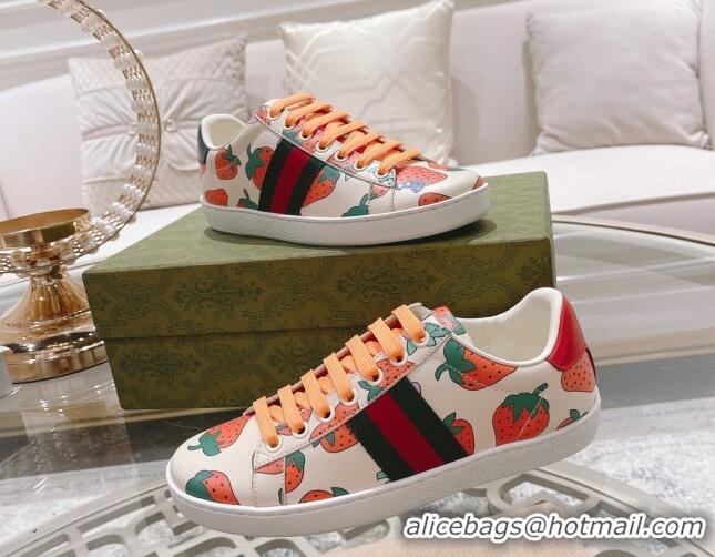 Best Grade Gucci Ace Leather Sneakers Strawberry Print White 012093