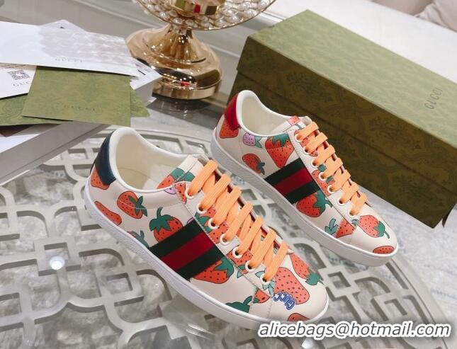 Best Grade Gucci Ace Leather Sneakers Strawberry Print White 012093