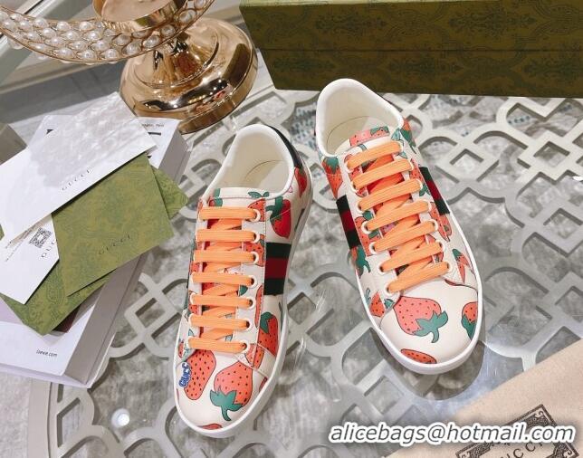 Best Grade Gucci Ace Leather Sneakers Strawberry Print White 012093