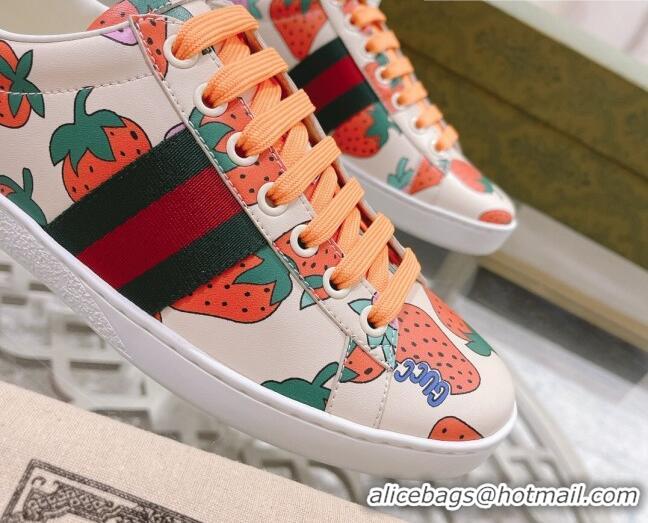 Best Grade Gucci Ace Leather Sneakers Strawberry Print White 012093