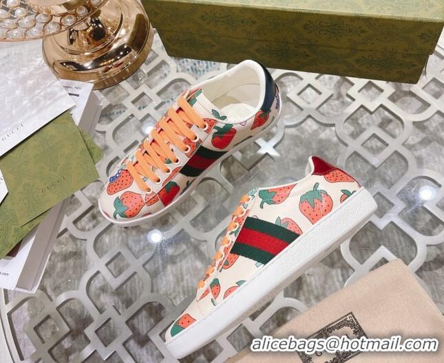 Best Grade Gucci Ace Leather Sneakers Strawberry Print White 012093