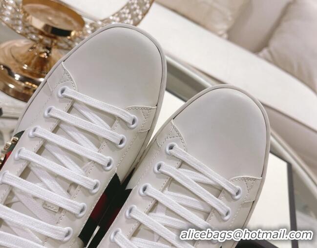 Comfortable Gucci Ace Leather Sneakers with Pearls Web White 012094