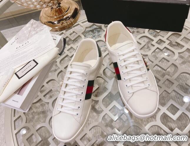 Comfortable Gucci Ace Leather Sneakers with Pearls Web White 012094