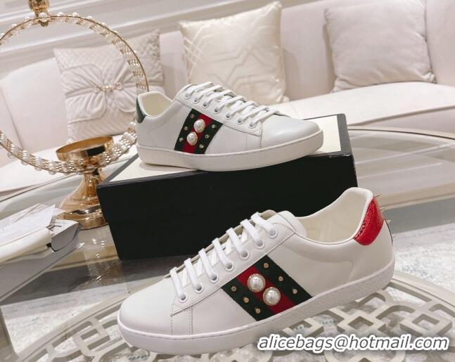 Comfortable Gucci Ace Leather Sneakers with Pearls Web White 012094