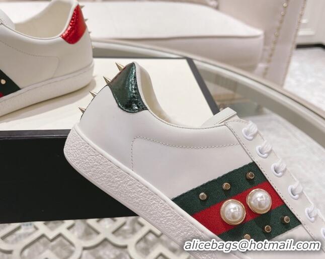 Comfortable Gucci Ace Leather Sneakers with Pearls Web White 012094