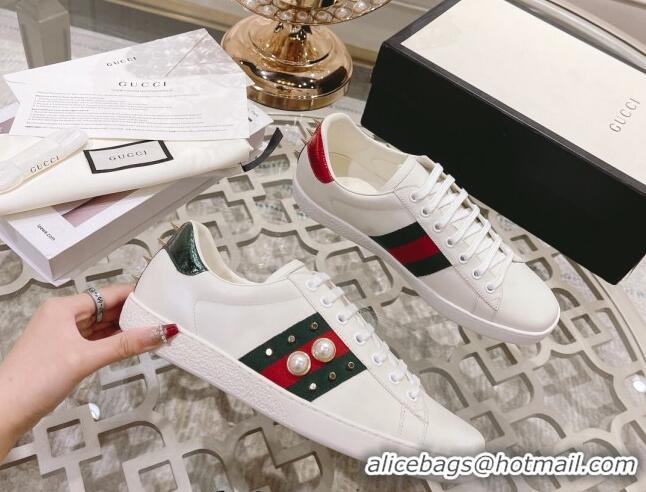 Comfortable Gucci Ace Leather Sneakers with Pearls Web White 012094