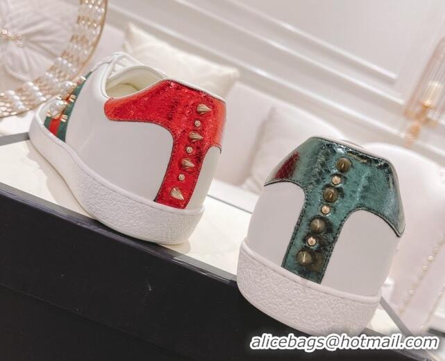 Comfortable Gucci Ace Leather Sneakers with Pearls Web White 012094