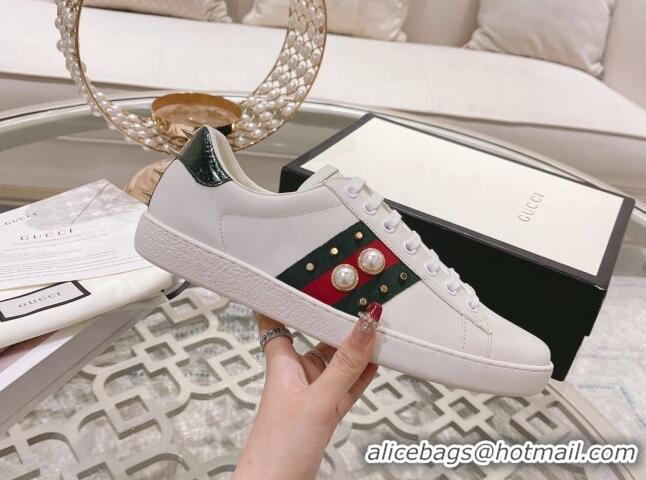 Comfortable Gucci Ace Leather Sneakers with Pearls Web White 012094