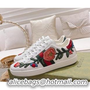 Luxurious Gucci Ace Leather Sneakers Flora White 012099