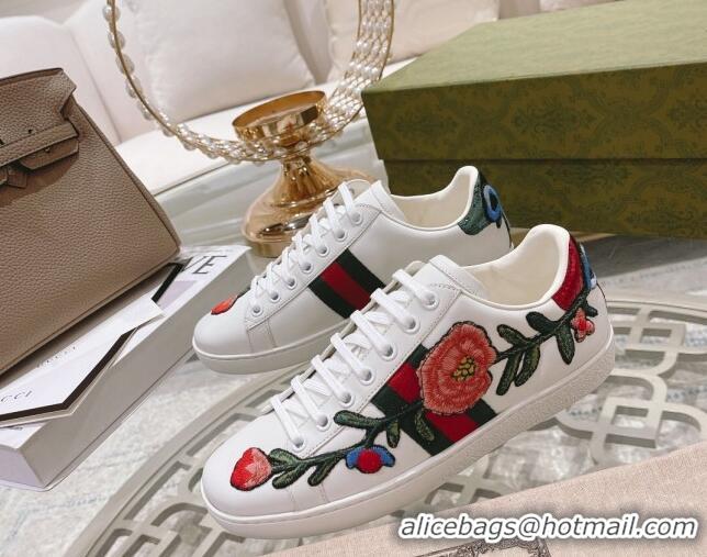 Luxurious Gucci Ace Leather Sneakers Flora White 012099