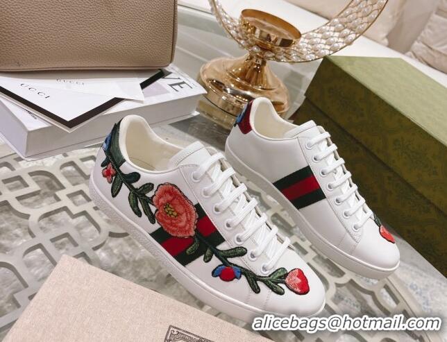 Luxurious Gucci Ace Leather Sneakers Flora White 012099