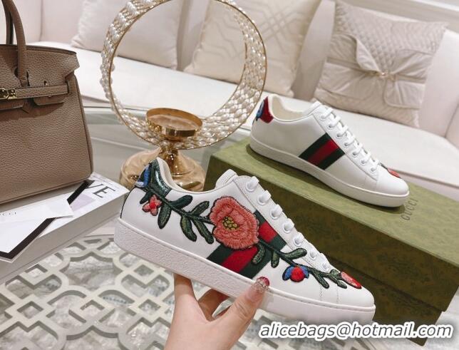 Luxurious Gucci Ace Leather Sneakers Flora White 012099