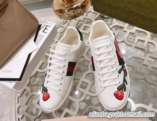 Luxurious Gucci Ace Leather Sneakers Flora White 012099