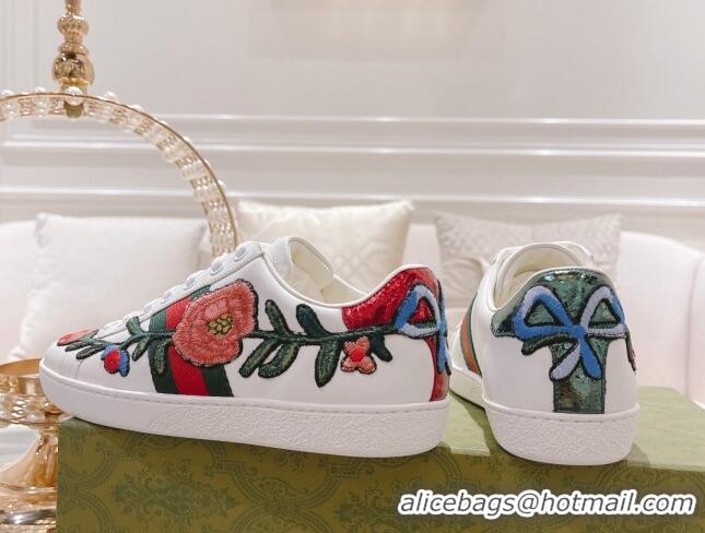 Luxurious Gucci Ace Leather Sneakers Flora White 012099