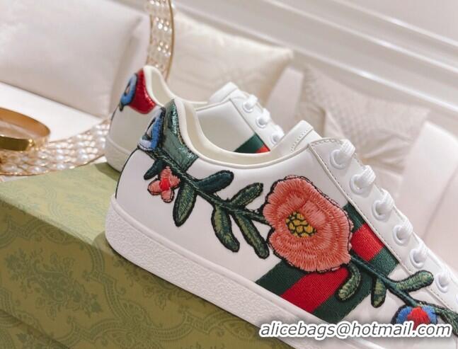 Luxurious Gucci Ace Leather Sneakers Flora White 012099