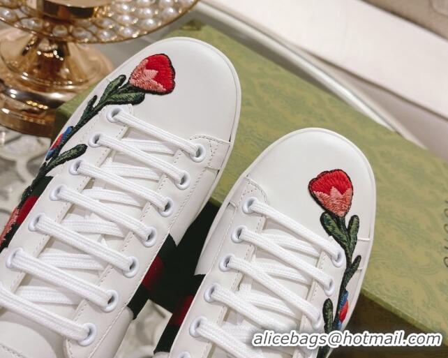 Luxurious Gucci Ace Leather Sneakers Flora White 012099