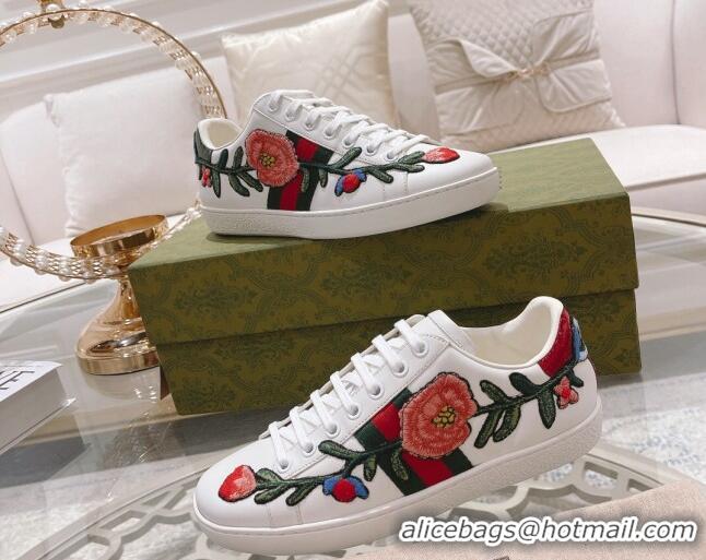 Luxurious Gucci Ace Leather Sneakers Flora White 012099