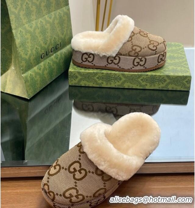 Unique Style Gucci Jumbo GG Canvas and Wool Platform Mules 5.5cm Camel 014047