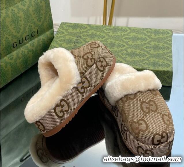 Unique Style Gucci Jumbo GG Canvas and Wool Platform Mules 5.5cm Camel 014047