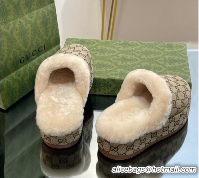 Good Looking Gucci GG Canvas and Wool Platform Mules 5.5cm Beige 014048