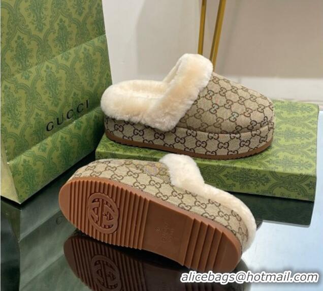 Good Looking Gucci GG Canvas and Wool Platform Mules 5.5cm Beige 014048