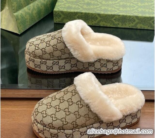 Good Looking Gucci GG Canvas and Wool Platform Mules 5.5cm Beige 014048