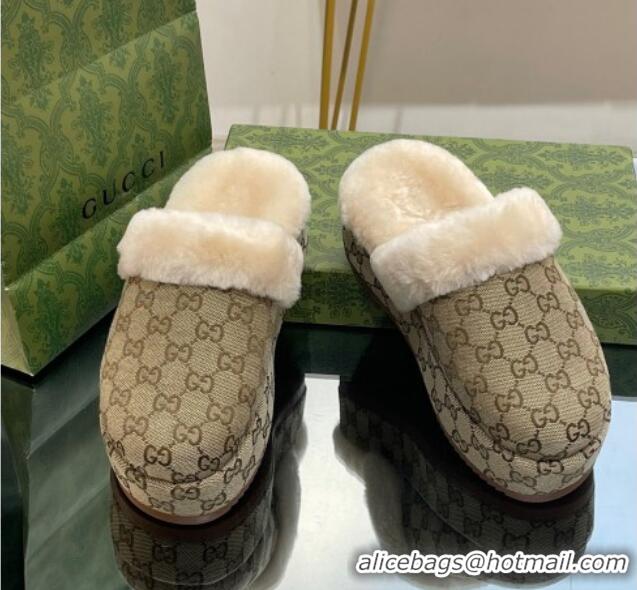 Good Looking Gucci GG Canvas and Wool Platform Mules 5.5cm Beige 014048